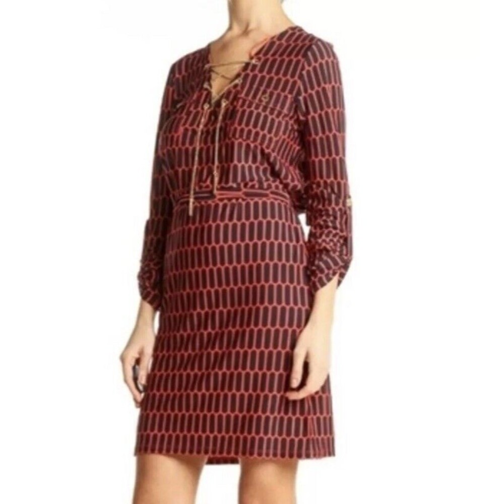 Michael Kors Coral Rose Red Blue Dress Gold Chain Accent - Picture 2 of 9